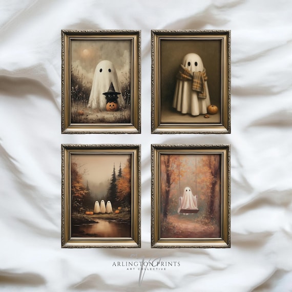 Halloween Ghost Art Print Set of 4, Cute Spooky Decor, Vintage Fall Printable Wall Art, Rustic Autumn Ghost Prints, Cottagecore Decor 25-61