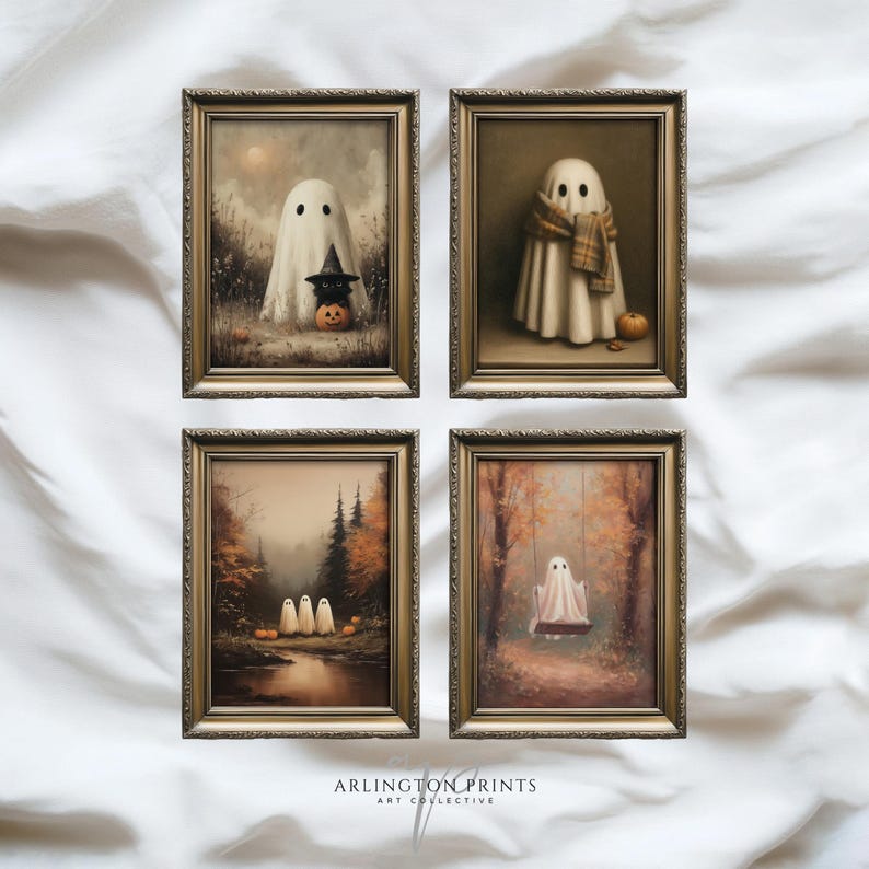 Set of 4 cute Halloween ghost art prints, vintage spooky fall wall decor, rustic autumn printable artwork, cottagecore Halloween home decoration
