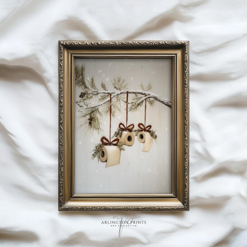 Funny Christmas bathroom print featuring toilet paper ornaments with red bows and greenery on a snowy pine branch, humorous holiday wall art digital download.
