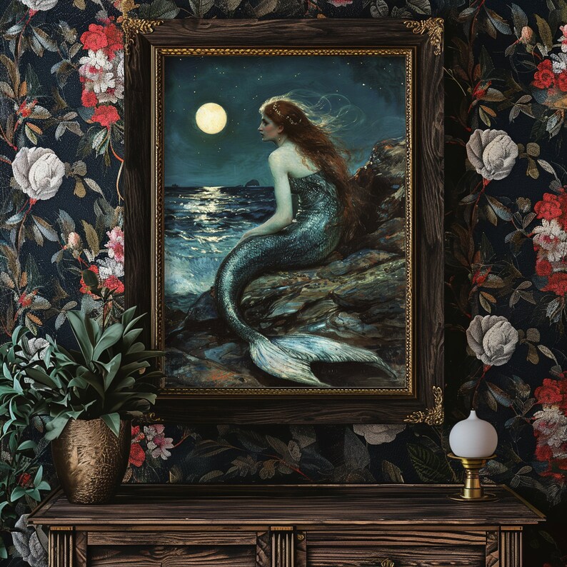 Mermaid Artwork, Fantasy Wall Art, Little Mermaid, Sky Oil Painting, Digital Download, Vintage Printable Art, Moon Painting, Ocean Art, John William Waterhouse Inspired, Moody Wall Art, Dark Landscape Painting, Mermaid Art Print, Arlington Prints
