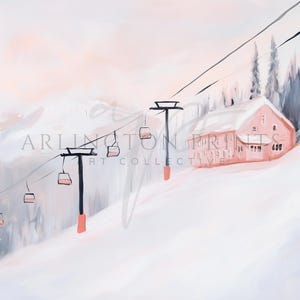 Pink Christmas Ski Lodge Wall Art, PRINTABLE Snowy Winter Painting, Pink Mountain Landscape Print, Winter Home Decor, Vintage Ski Lift Print, Abstract Acrylic Painting, Matisse Style, Soft Pastel Colors, Digital Download Art, Snowy Pink Landscape