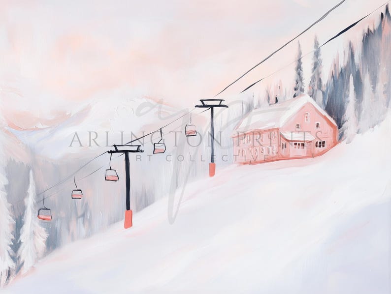 Pink Christmas Ski Lodge Wall Art, PRINTABLE Snowy Winter Painting, Pink Mountain Landscape Print, Winter Home Decor, Vintage Ski Lift Print, Abstract Acrylic Painting, Matisse Style, Soft Pastel Colors, Digital Download Art, Snowy Pink Landscape