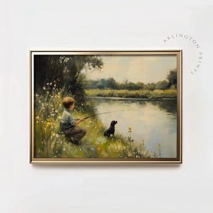 Vintage Nursery Art, Boy Fishing Printable, Rustic Kids Room Wall Art, Country River Scene for Boys Bedroom, SB-43
