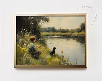Vintage Nursery Art, Boy Fishing Printable, Rustic Kids Room Wall Art, Country River Scene for Boys Bedroom, SB-43