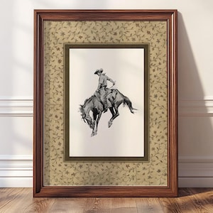 Cowboy Art Print, Bucking Bronco Western Wall Art, Rustic Farmhouse Decor, Retro Rodeo Sketch Digital Download, Vintage Farmhouse Art | A08
