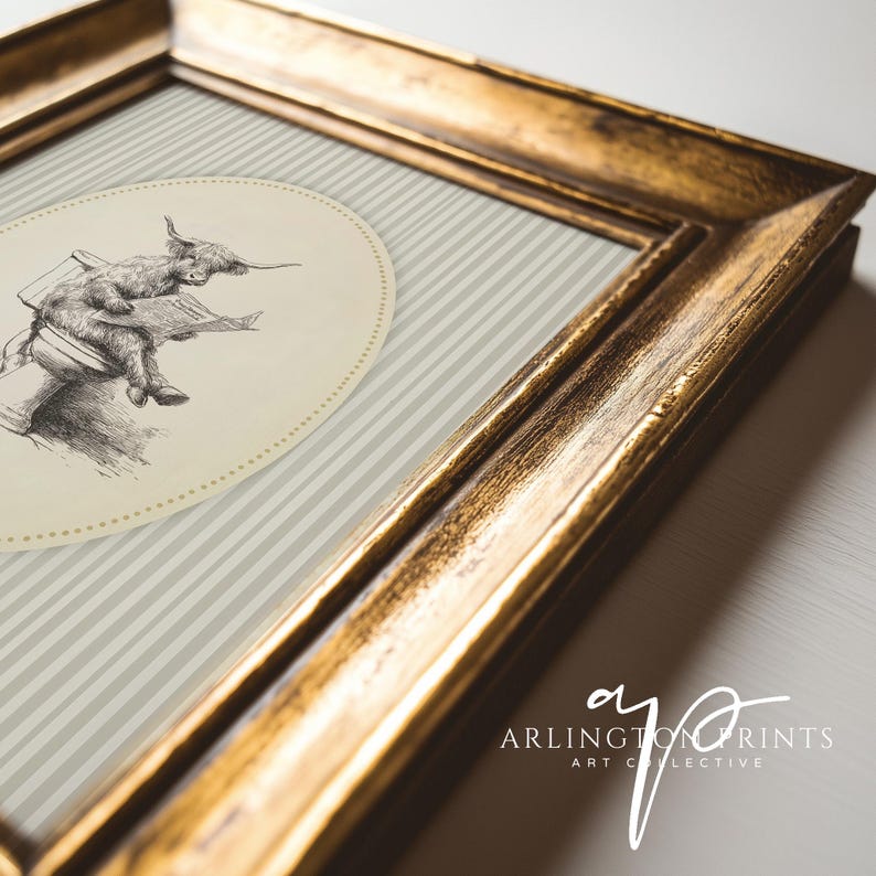 funny highland cow bathroom print unframed cow sitting on toilet reading newspaper rustic farmhouse humorous wall art animal sketch