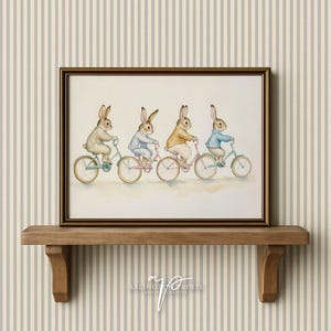 Bunnies on Bikes Drawing, Vintage Nursery Art Print, Beatrix Potter Art, Printable Neutral Nursery Decor, Children's Book Wall Art | TA65
