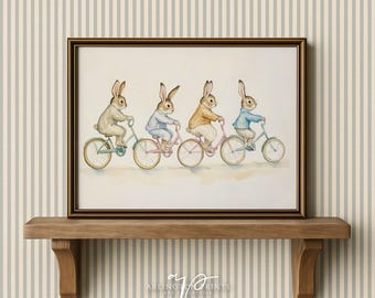 Konijntjes op fiets tekening, vintage kinderkamer Art Print, Beatrix Potter Art, afdrukbare neutrale kinderkamer decor, kinderboek kunst aan de muur | TA65