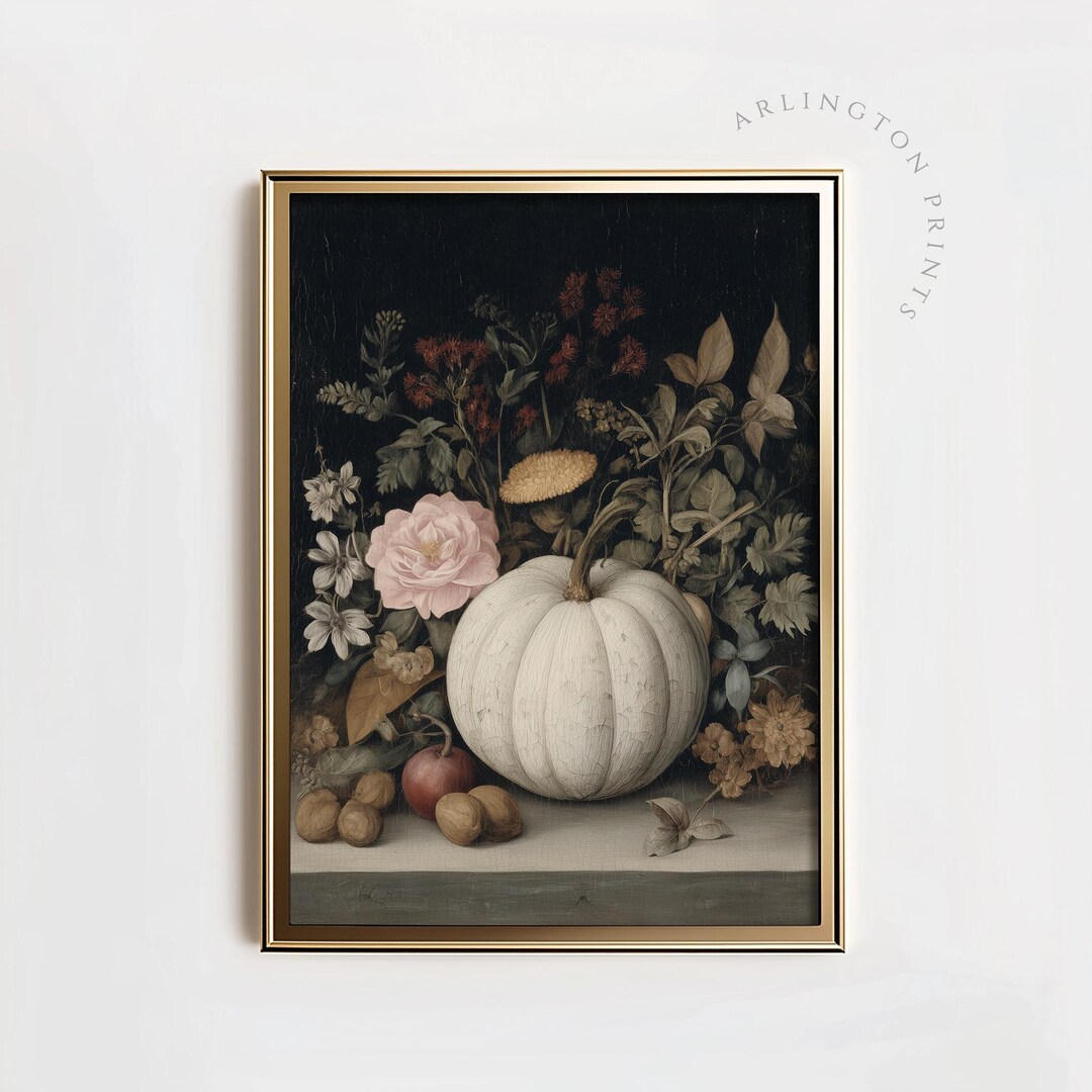 White Pumpkin Still Life Print, PRINTABLE Vintage Floral Fall Wall Art ...