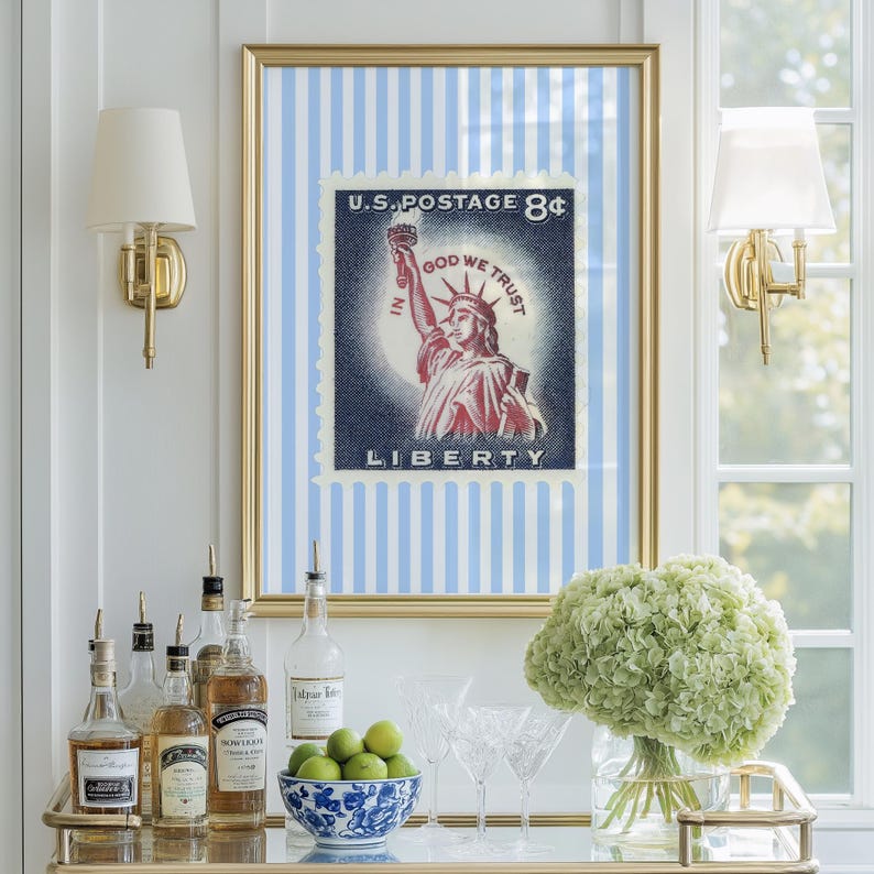 Vintage U.S. postage stamp wall art featuring the Statue of Liberty with patriotic colors and retro background, perfect for 4th of July or Americana decor.