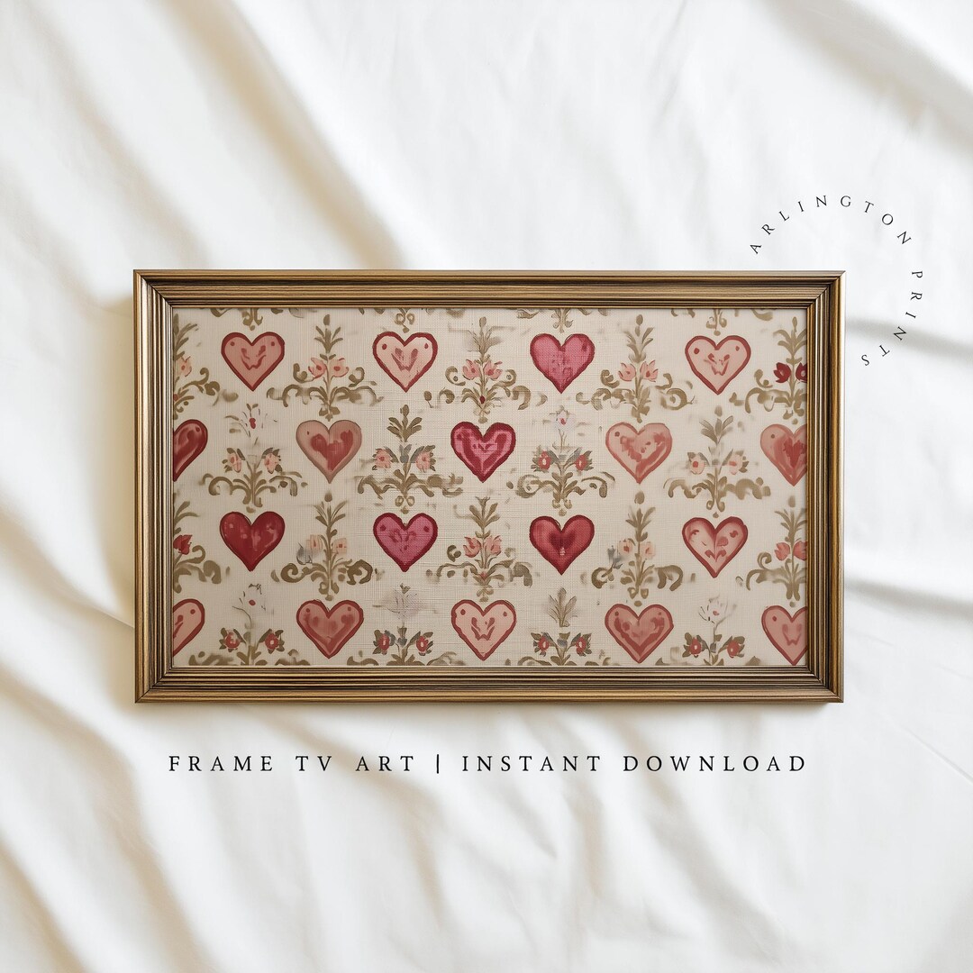 Vintage Heart Pattern Frame TV Art, Linen Style Folk Hearts, Neutral ...