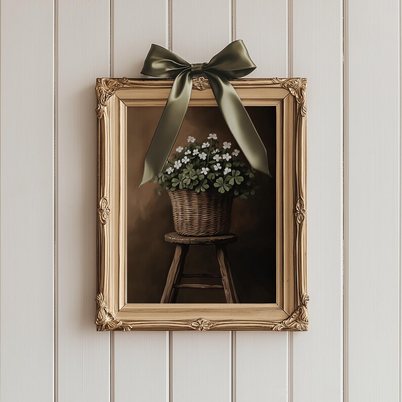 Moody Cottage Shamrock Basket Print, PRINTABLE St. Patrick's Day Art, Green Irish Decor, Lucky Clover Wall Art, Country Cottage Home Decor, Little White Flowers, Muted Spring, Green and Brown, Digital Download Art, Moody Rustic Saint Patricks Art