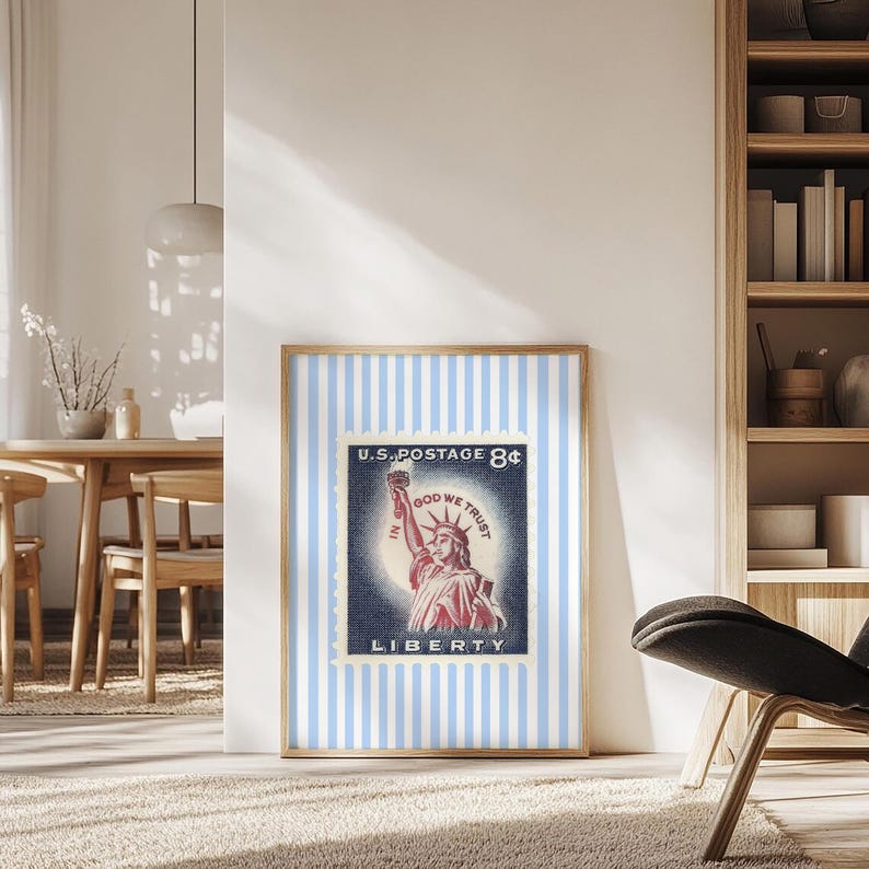 Vintage U.S. postage stamp wall art featuring the Statue of Liberty with patriotic colors and retro background, perfect for 4th of July or Americana decor.