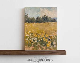 Sunflower Field Wall Art, Moody Summer Landscape Print, Warm Tones, Vintage Printable Oil Painting, Floral Farmhouse  Digital Download | P73