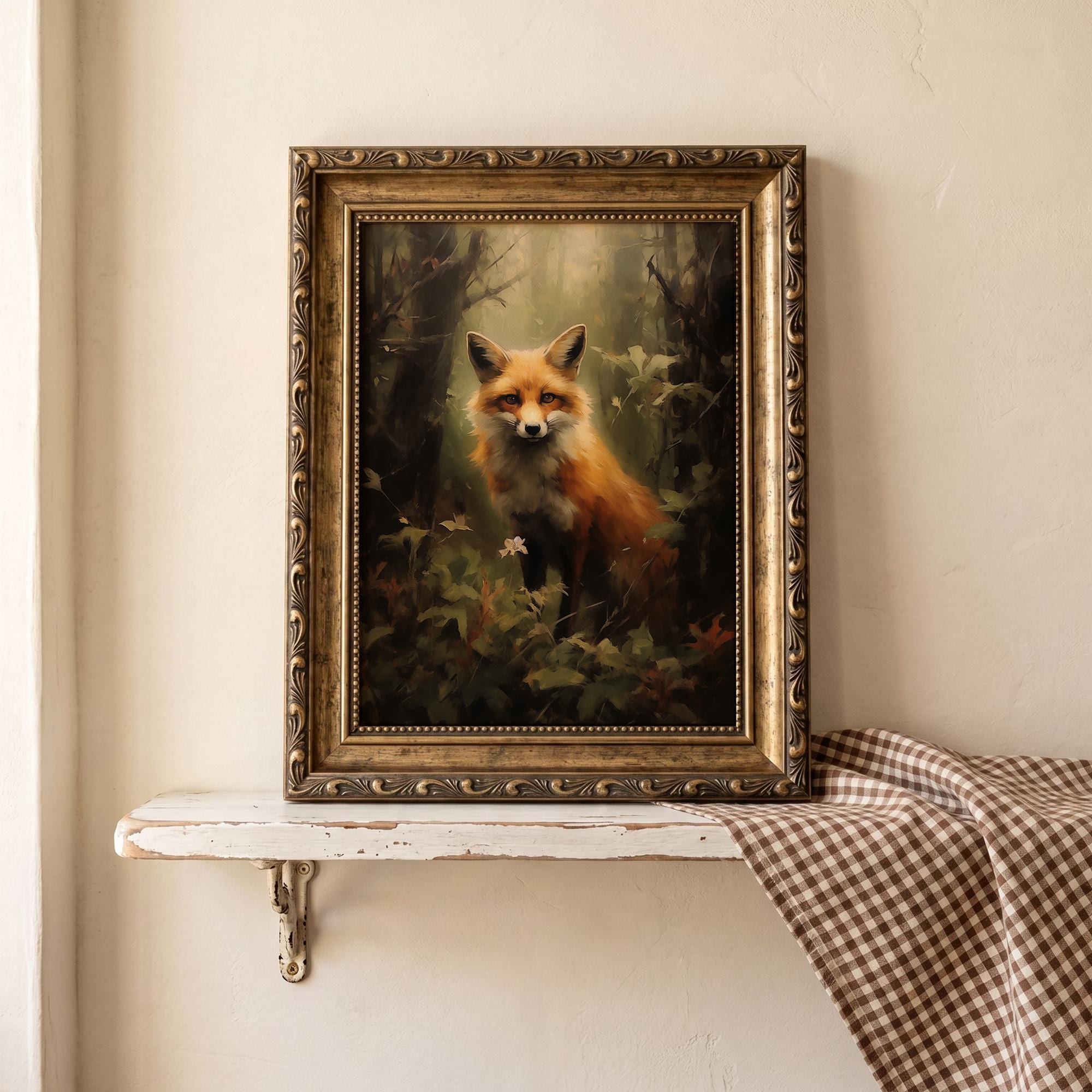 Red Fox Wall Art - Vintage Woodland Animal Print, Moody Forest