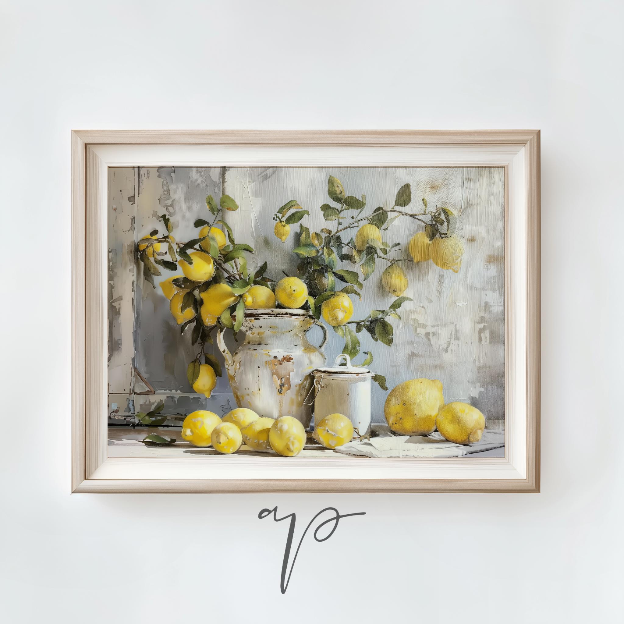 boho farmhouse kitchen decor paintings prints |... Rustic Farmhouse Kitchen Painting | Printable Still Life Lemon Wall Art ...