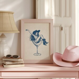 Retro Coastal Cowgirl Art, PRINTABLE Cocktail Wall Art, Girly Bar Cart Print, Coupe Glass Poster, Cute Apartment Poster, Dorm Room Print, 50s Vibe, Midcentury-Modern, Country Western Chic, Cowgirl Drawing, Digital Download Art, Navy Blue and Beige