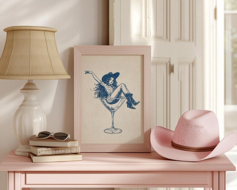 Retro Coastal Cowgirl Art, PRINTABLE Cocktail Wall Art, Girly Bar Cart Print, Coupe Glass Poster, Cute Apartment Poster, Dorm Room Print, 50s Vibe, Midcentury-Modern, Country Western Chic, Cowgirl Drawing, Digital Download Art, Navy Blue and Beige