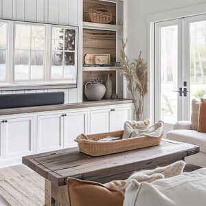 Samsung Frame TV art depicting a realistic painted window view of a serene winter landscape. Soft light filters through frosted glass panes, revealing snow-covered trees and a peaceful gray-and-white forest scene outside. The brushstrokes create a cozy, minimalist atmosphere perfect for modern farmhouse or winter home décor.