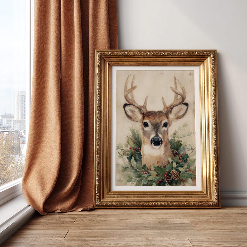 Rustic Holiday Buck Print, PRINTABLE Vintage Deer Christmas Wall Art ...