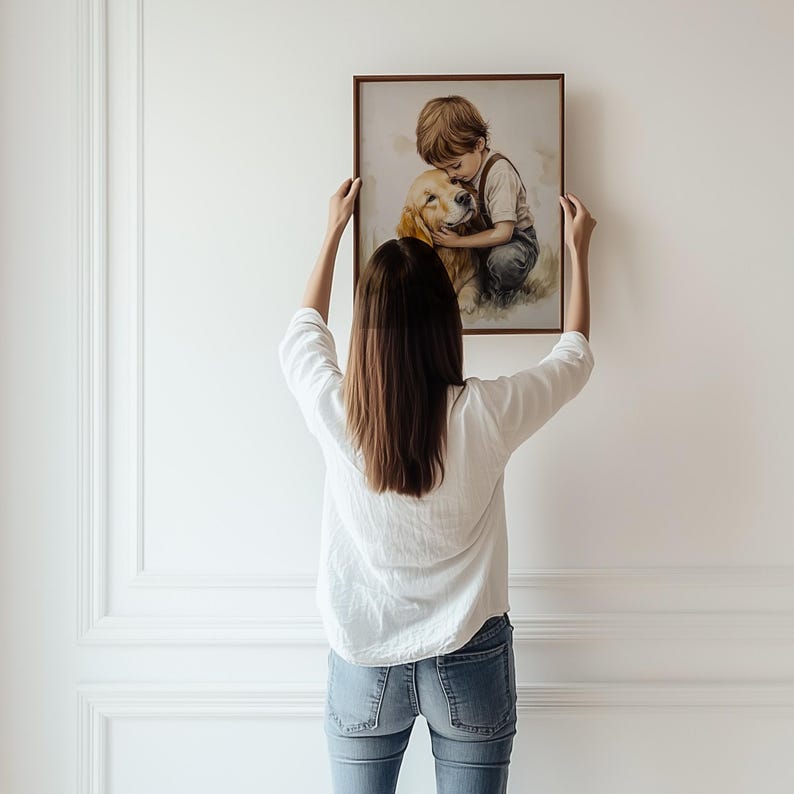 Vintage Nursery Art Print, Boy and a Dog Painting, Printable Golden Retriever Art