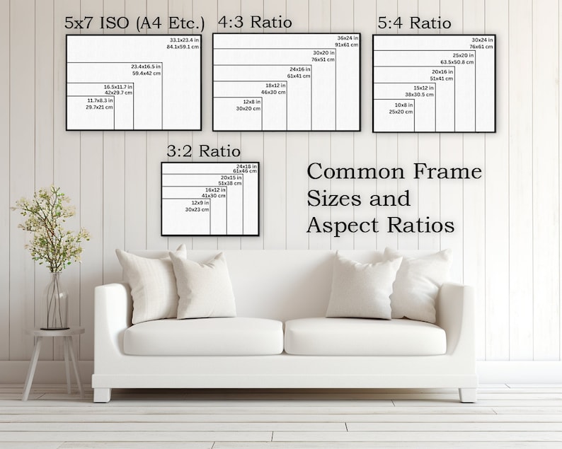 K&ouml;nnte beinhalten: Eine wei&szlig;e Wand mit einem wei&szlig;en Sofa und drei schwarzen Rahmen mit wei&szlig;em Text. Die Rahmen zeigen verschiedene Seitenverh&auml;ltnisse und g&auml;ngige Rahmengr&ouml;&szlig;en in Zoll und Zentimetern. Der Text in den Rahmen lautet "5x7 ISO (A4 Etc.) 4:3 Ratio", "3:2 Ratio", "5:4 Ratio" und "G&auml;ngige Rahmengr&ouml;&szlig;en und Seitenverh&auml;ltnisse".