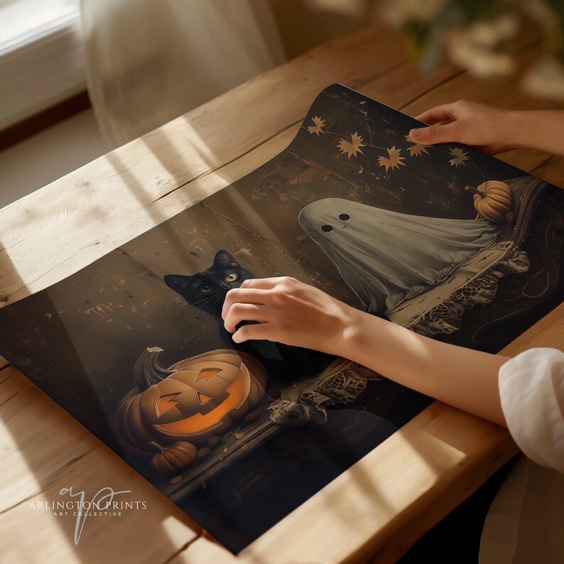 Halloween Wall Art | Cute Ghost and Black Cat | Printable Moody Autumn ...
