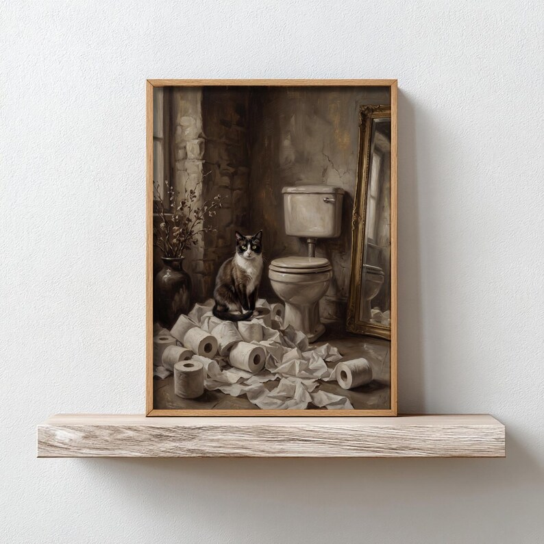 Funny Cat Bathroom Wall Art Print, UNFRAMED Vintage Style Toilet Humor ...