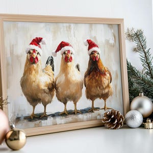 Whimsical Christmas chicken wall art print featuring three chickens in Santa hats, festive farmhouse holiday nursery decor, rustic and playful seasonal artwork