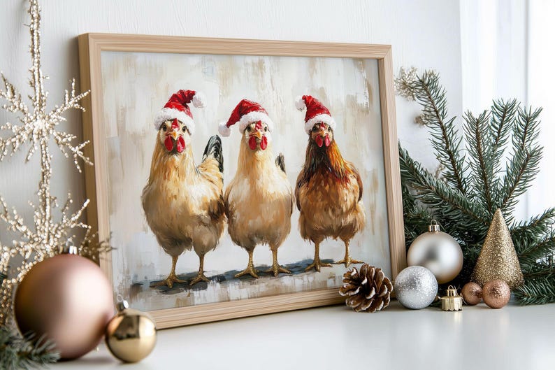 Whimsical Christmas chicken wall art print featuring three chickens in Santa hats, festive farmhouse holiday nursery decor, rustic and playful seasonal artwork