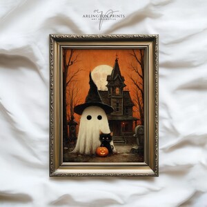 Vintage-style Halloween wall art featuring a cute ghost in a witch hat, a black cat with a glowing pumpkin, and a haunted house under a full moon. Perfect printable art for spooky and gothic Halloween decor.