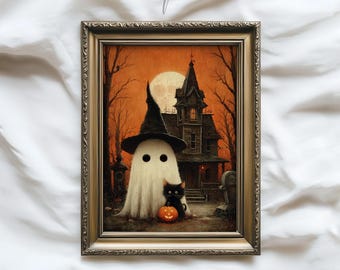Cute Halloween Ghost Art, Haunted House Wall Decor, Black Cat with Pumpkin, Spooky Witch Hat Print, Vintage Halloween Artwork 07-44