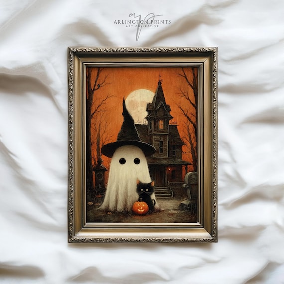 Cute Halloween Ghost Art, Haunted House Wall Decor, Black Cat with Pumpkin, Spooky Witch Hat Print, Vintage Halloween Artwork 07-44