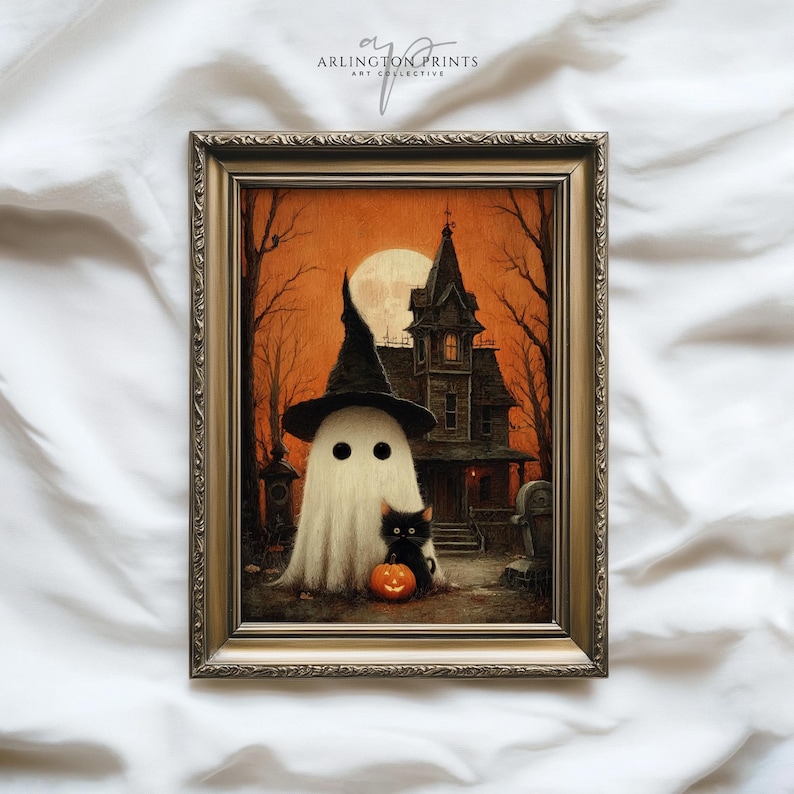 Vintage-style Halloween wall art featuring a cute ghost in a witch hat, a black cat with a glowing pumpkin, and a haunted house under a full moon. Perfect printable art for spooky and gothic Halloween decor.
