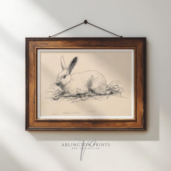 Vintage Bunny Etching Print, Classic Rabbit Sketch Art, Rustic