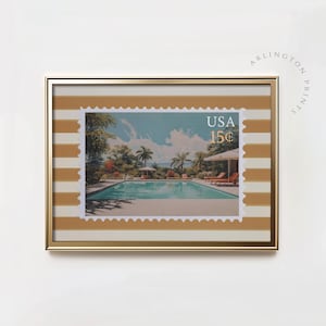 Retro Briefmarke am Pool, Vintage Briefmarke Poster, Plakatdruck, Vintage daran, Palm Springs Dekor