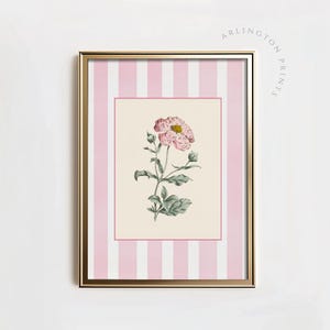 Pink Floral Striped Nursery Art, PRINTABLE Girls Room Botanical Print, Vintage Feminine Flower Wall Decor, Digital Download TC14