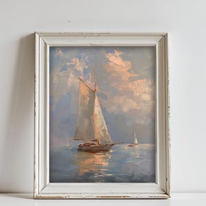 Vintage Sunset Sailboat Painting, Printable Ocean Wall Art, Summer Beach House Print, Seafaring Ship Digital Download #63