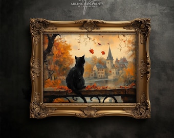 Dipinto autunnale malinconico, gatto nero che osserva un villaggio gotico, stampa artistica di Halloween, stagione spettrale carina T54