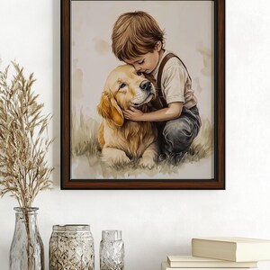 Vintage Nursery Art Print, Boy and a Dog Painting, Printable Golden Retriever Art