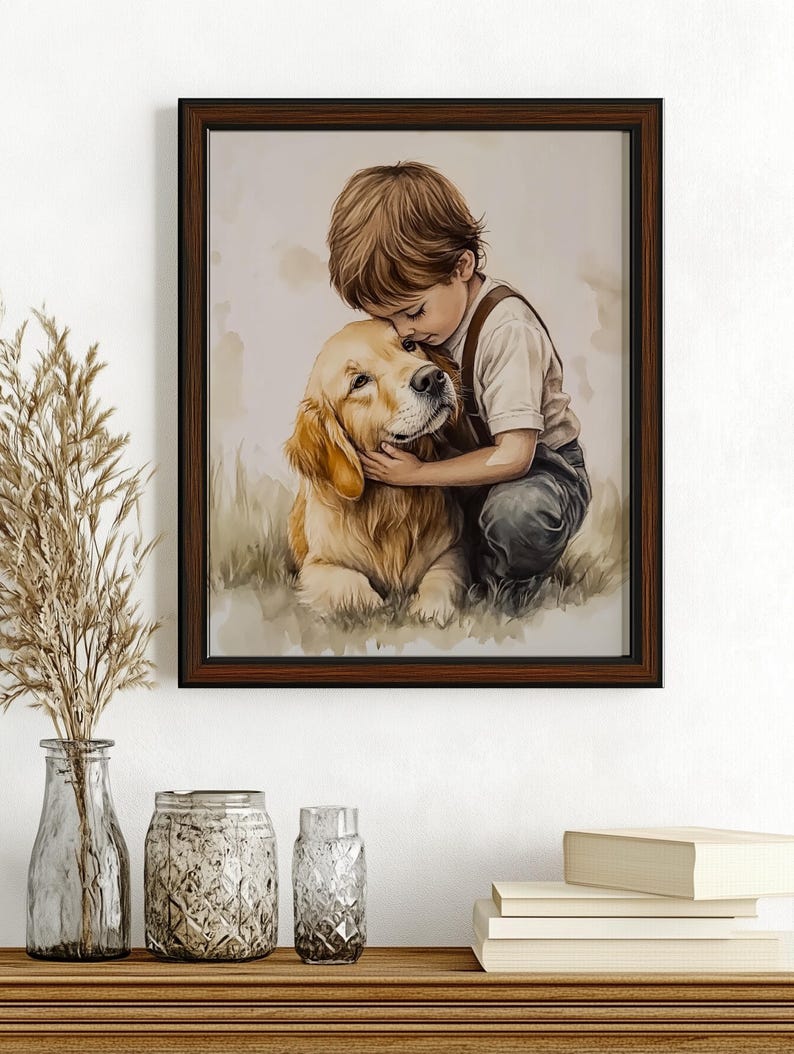 Vintage Nursery Art Print, Boy and a Dog Painting, Printable Golden Retriever Art