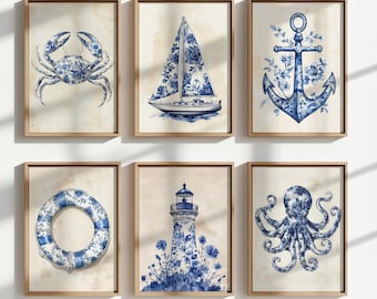 Trendy Blue Coastal Print Set, PRINTABLE Chinoiserie Wall Art, Chic Beach Cottage Art Set, Grandmilennial Style, Blue Floral Nautical Poster