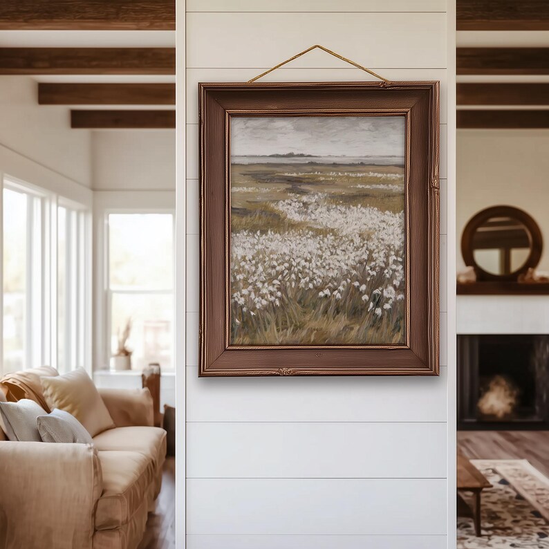 Neutral spring wildflower meadow wall art featuring white floral field landscape in soft beige and cream tones, minimalist nature printable decor