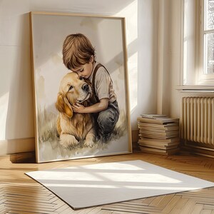 Vintage Nursery Art Print, Boy and a Dog Painting, Printable Golden Retriever Art