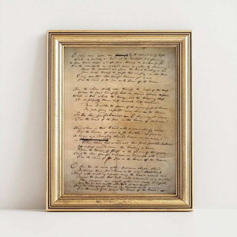 Vintage artwork of the Star-Spangled Banner in Francis Scott Key’s original 1814 handwriting, perfect for 4th of July and patriotic home decor.