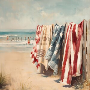 Beach scene with red, white, and blue towels hanging on a wooden fence, ocean waves and swimmers in the background. Coastal Americana style perfect for summer or 4th of July decor. Patriotic Beachy Wall Art, Coastal 4th of July PRINTABLE, Red White Blue Beach Towels, Vintage Summer Seaside Decor, Retro Americana Print