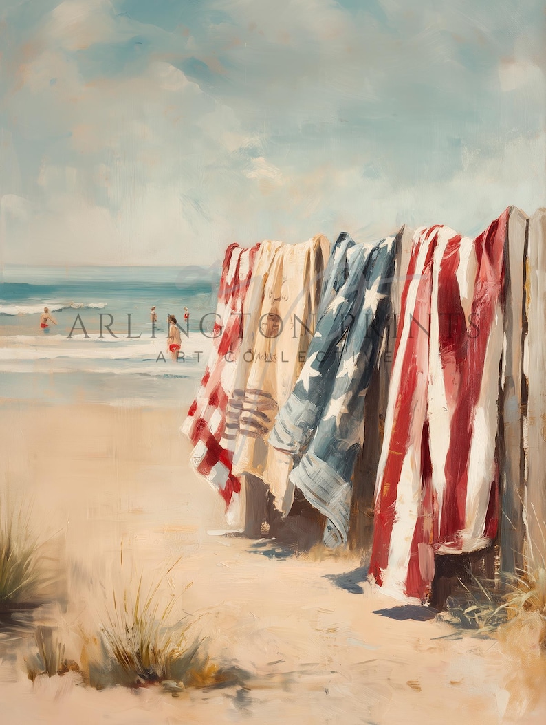 Beach scene with red, white, and blue towels hanging on a wooden fence, ocean waves and swimmers in the background. Coastal Americana style perfect for summer or 4th of July decor. Patriotic Beachy Wall Art, Coastal 4th of July PRINTABLE, Red White Blue Beach Towels, Vintage Summer Seaside Decor, Retro Americana Print