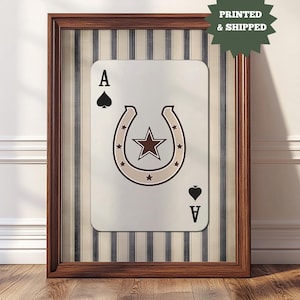 Cowboy hoefijzer Ace Card Print, rustieke westelijke muurkunst, gemailde vintage speelkaartposter, decor land, INGELIJSTE DC-42