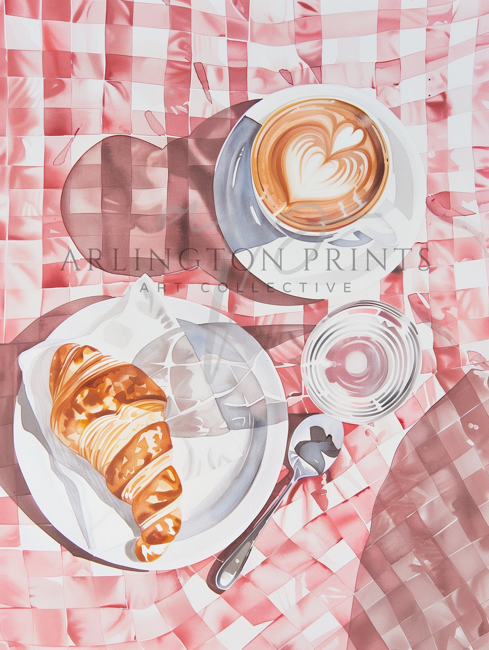 Cute Pink Breakfast Food Print, PRINTABLE Croissant Coffee Wall Art ...
