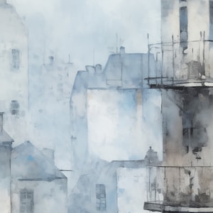 May include: A watercolor painting of a city scene with buildings and balconies. The buildings are painted in shades of blue and gray, and the sky is a light blue. The painting has a soft, dreamy feel.